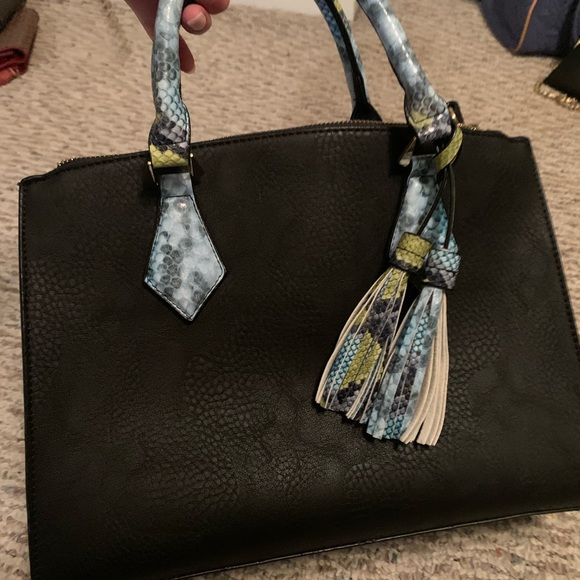 Charming Charlie Black Snakeskin Purse with Teal and Green Details